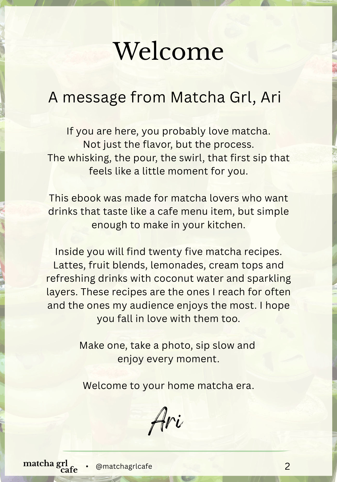 Welcome message from Matcha Grl, Ari, about matcha recipes on a white background with greenery.